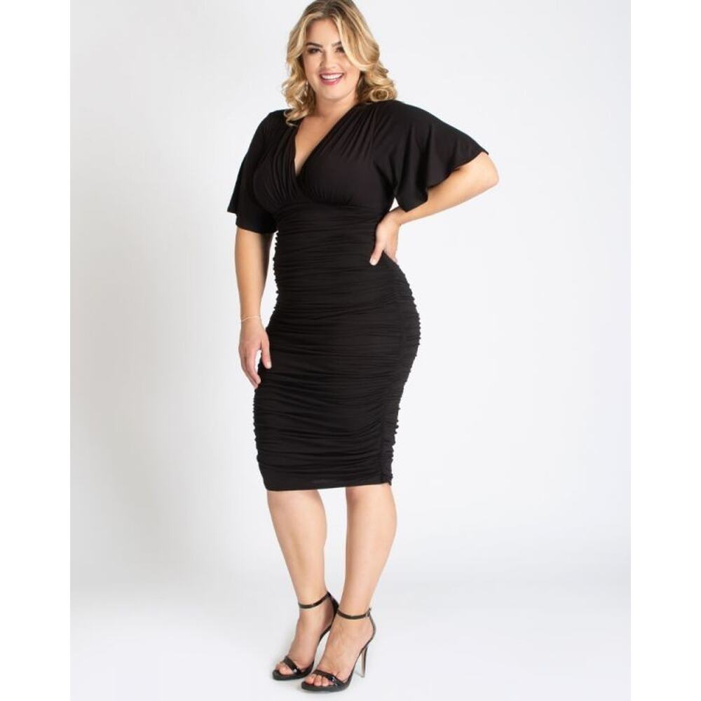 Kiyonna Black Party Dress Rumor Ruched Style LBD Bodycon 1X Flutter Sleeve Sexy
